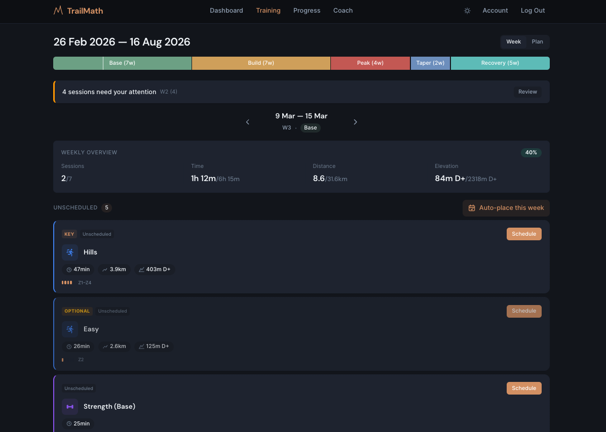 TrailMath weekly calendar view showing structured training sessions