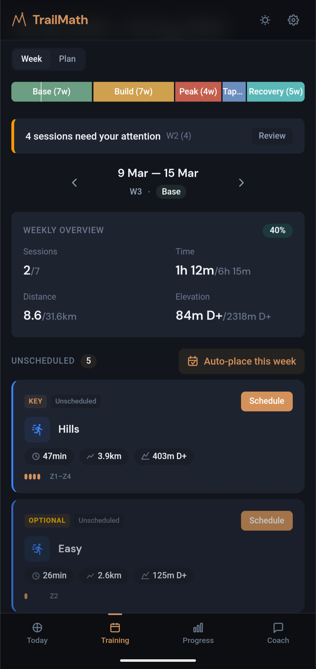 Training calendar showing weekly session plan