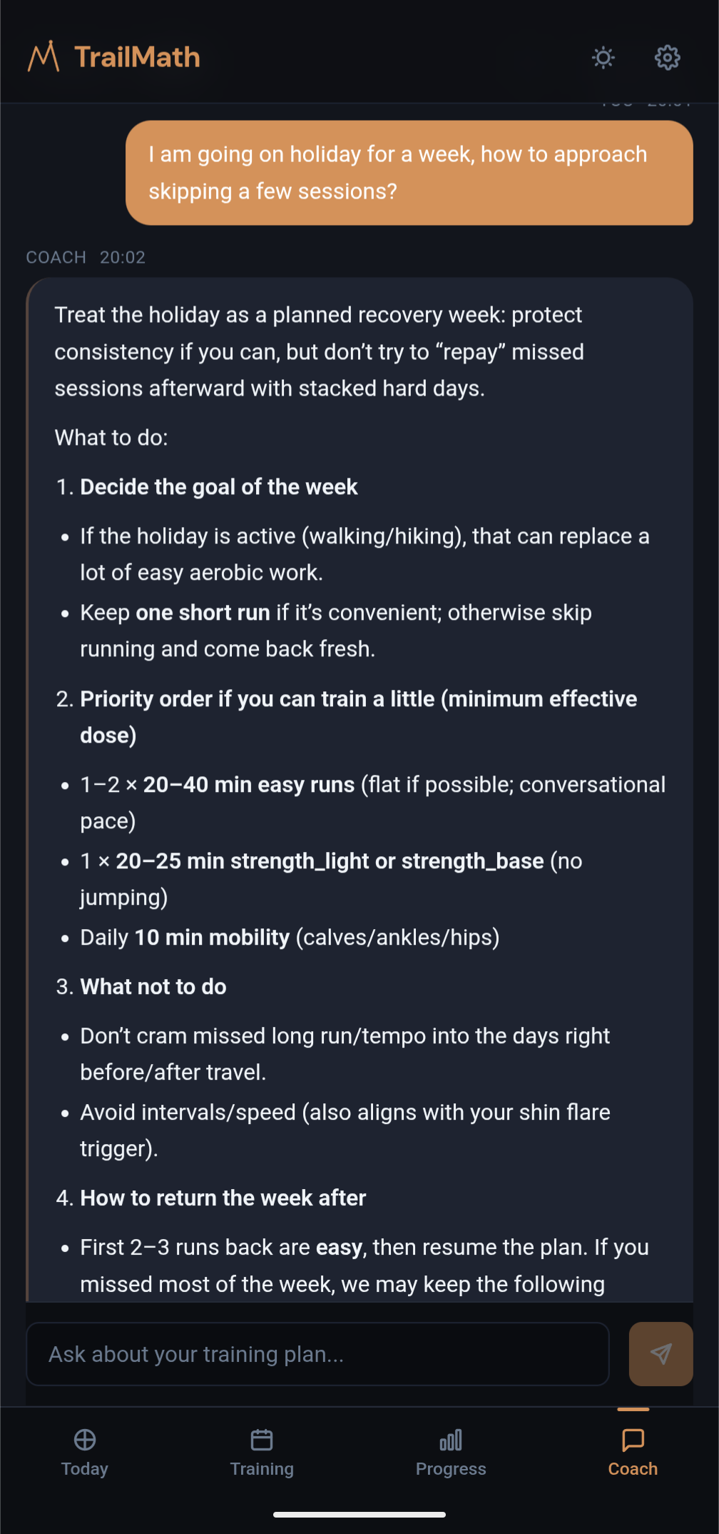 Training adjustment suggestions with reasoning