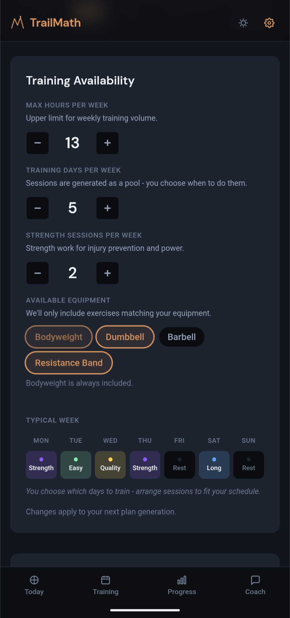 Training availability preferences screen