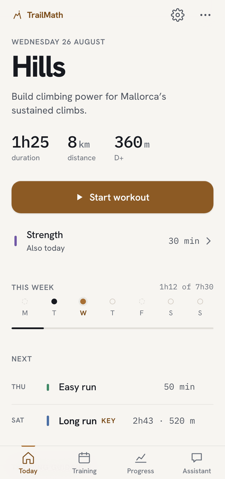 Today screen with the day's session, its targets and the rest of the week